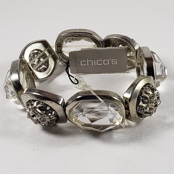 Chico’s Silver Chunky Glass Crystal Stretch Bracelet Roselle 7" Elegant Jewelry - Picture 3 of 9